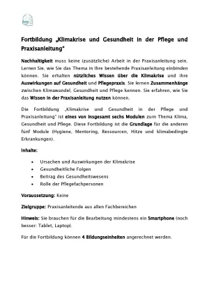 Text: Fortbildung „Klimakrise und Gesundheit in der Pflege und Praxisanleitung“