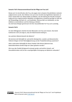 Arbeitsblatt: Szenario Teil D: Ressourcenverbrauch bei der Pflege von Frau Jurić
