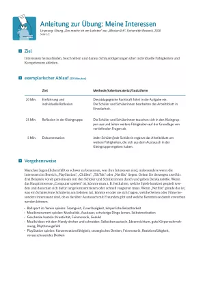 Unterrichtsplanung: Meine Interessen: Anleitung zur Übung