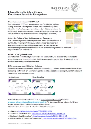 Unterrichtsplanung: Informationen für Lehrkräfte zum Kärtchenset Künstliche Fotosynthese (PDF)