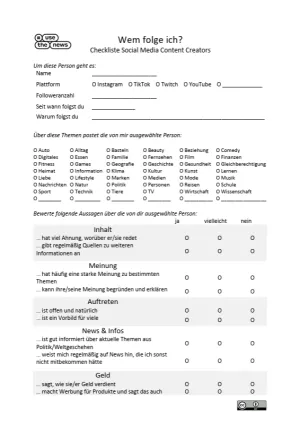 Unterrichtsbaustein: Content Creators und Influencer im Unterricht | Checkliste Social Media Content Creators (Einzelarbeit)
