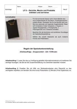 Unterrichtsbaustein: 6.1 Gruppe 1: Regeln der Speisekartenerstellung
