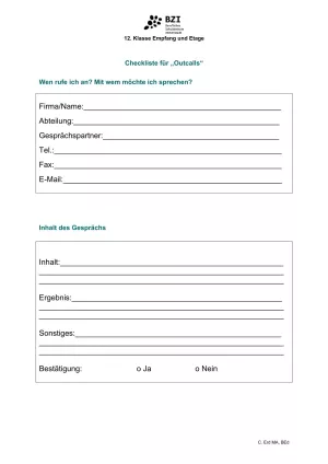 Unterrichtsbaustein: 6.1 Checkliste für Outcalls: Gesprächsnotiz