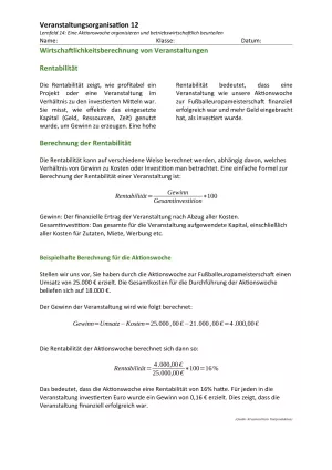 Unterrichtsbaustein: 14.1 Wirtschaftlichkeitsberechnung von Veranstaltungen: Rentabilität