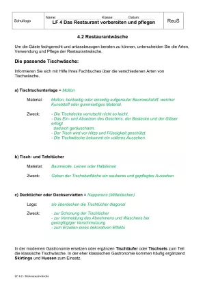 Unterrichtsbaustein: 4.2 Restaurantwäsche Tischtücher (Lösung)