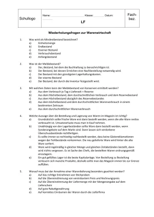 Unterrichtsbaustein: 12.1 Wiederholungsfragen zur Warenwirtschaft