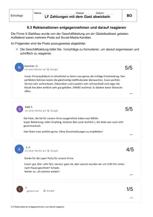 Unterrichtsbaustein: 9.3 Reklamationen entgegennehmen und darauf reagieren