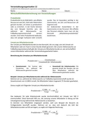 Unterrichtsbaustein: 14.1 Wirtschaftlichkeitsberechnung von Veranstaltungen: Produktivität