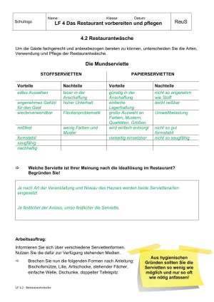 Unterrichtsbaustein: 4.2 Restaurantwäsche Servietten (Lösung)