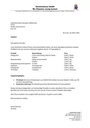 Unterrichtsbaustein: 10.2 Angebot Gewächshaus GmbH