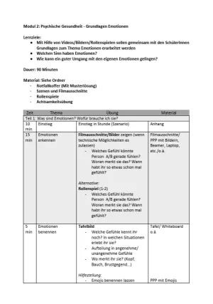 Unterrichtsplanung: Modul 2 | Psychische Gesundheit - Grundlagen Emotionen | Ablaufplan