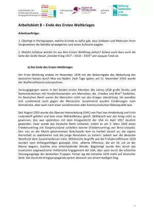 Arbeitsblatt: Arbeitsblatt 8 - Ende des Ersten Weltkrieges