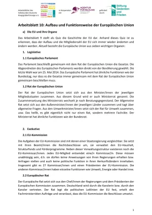 Arbeitsblatt: Arbeitsblatt 10 - Aufbau und Funktionsweise der Europäischen Union