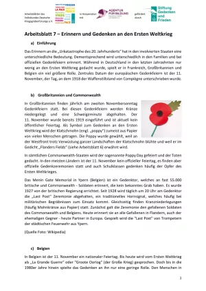 Arbeitsblatt: Arbeitsblatt 7 - Erinnern und Gedenken an den Ersten Weltkrieg