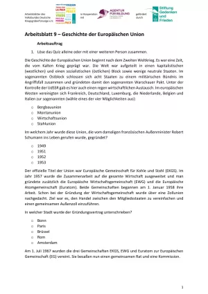 Arbeitsblatt: Arbeitsblatt 9 - Geschichte der Europäischen Union