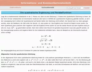 Webseite: Die quadratische Ergänzung und Parabelfunktion