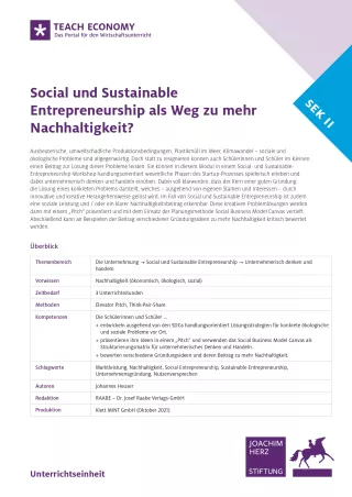 Unterrichtsbaustein: Social und Sustainable Entrepreneurship als Weg zu mehr Nachhaltigkeit?