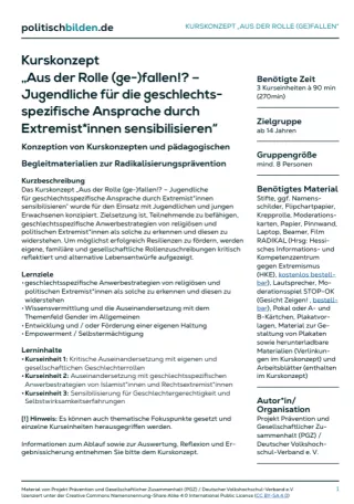 Arbeitsblatt: „Aus der Rolle (ge-)fallen!? – Jugendliche für die geschlechtsspezifische Ansprache durch Extremist*innen sensibilisieren“ (Übersicht Kurskonzept)