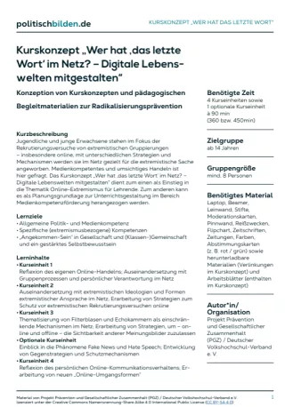 Arbeitsblatt: „Wer hat ‚das letzte Wort‘ im Netz? – Digitale Lebenswelten mitgestalten“ (Übersicht Kurskonzept)