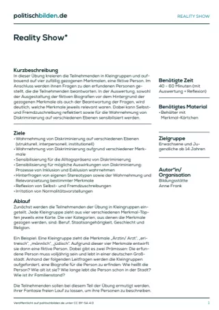 Arbeitsblatt: Reality Show - Reflexion von Selbst- und Fremdzuschreibung