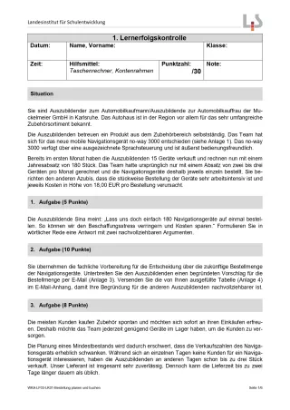 Lernkontrolle: Teile und Zubehör beschaffen und lagern: Lernerfolgskontrolle (Version SchülerIn; PDF)
