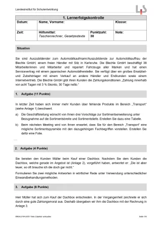 Lernkontrolle: Teile und Zubehör verkaufen: Lernerfolgskontrolle (Version SchülerIn; PDF)