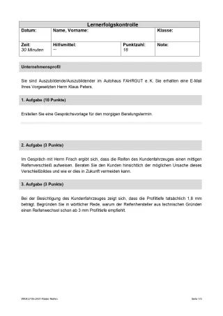 Lernkontrolle: Lernerfolgskontrolle Räder und Reifen (Version SchülerIn; PDF)