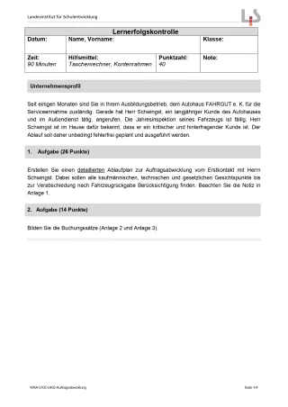 Lernkontrolle: Lernerfolgskontrolle Auftragsabwicklung (Version SchülerIn; PDF)