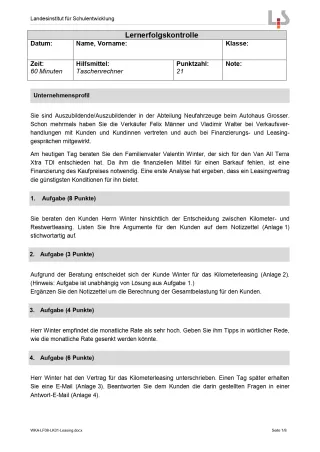 Lernkontrolle: Finanzdienstleistungen anbieten: Lernerfolgskontrolle (Version SchülerIn; PDF)