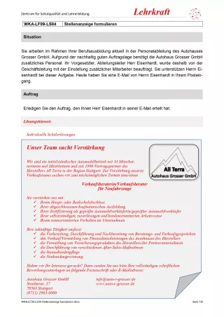 Unterrichtsbaustein: Stellenanzeige formulieren (Version Lehrkraft; PDF)