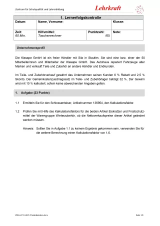 Lernkontrolle: Lernerfolgskontrolle Preiskalkulation (Version Lehrkraft; PDF)