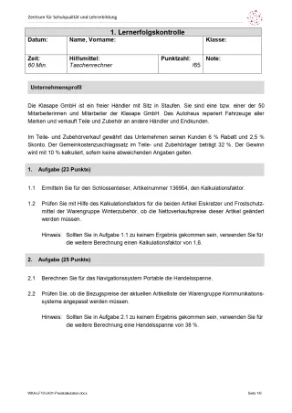 Lernkontrolle: Lernerfolgskontrolle Preiskalkulation (Version SchülerIn; PDF)