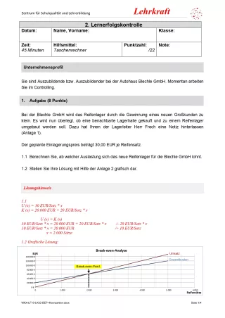 Lernkontrolle: Lernerfolgskontrolle Break-even-Point und Kennzahlen (Version Lehrkraft; PDF)