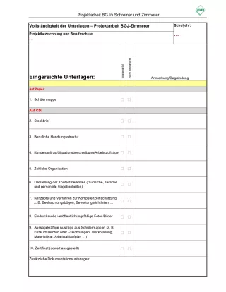 Unterrichtsbaustein: BGJ-Projektarbeit: Checkliste zur Vollständigkeit der Unterlagen (Vorlage)