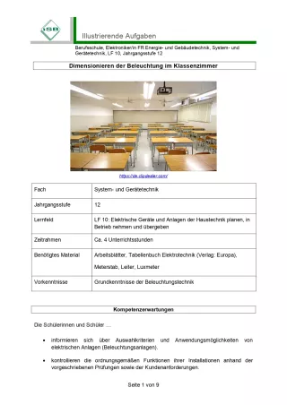 Unterrichtsbaustein: Dimensionieren der Beleuchtung im Klassenzimmer (PDF)