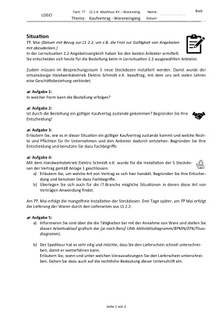 Arbeitsblatt: Abschluss des Kaufvertrages und Wareneingang - Aufgaben (PDF)