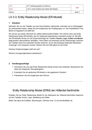 Arbeitsblatt: Erstellen eines Entity Relationship Modells (Aufgabe)