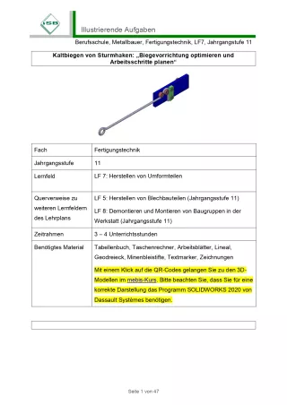 Unterrichtsbaustein: Kaltbiegen von Sturmhaken: Biegevorrichtung optimieren und Arbeitsschritte planen (PDF)