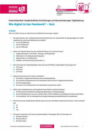 Arbeitsblatt: Gesellschaftliche Entwicklungen und Herausforderungen: Digitalisierung | Arbeitsblatt 1: Wie digital ist das Handwerk? Quiz