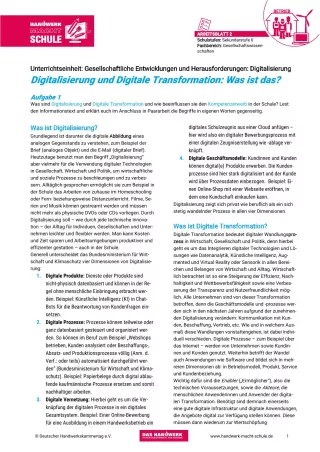 Arbeitsblatt: Gesellschaftliche Entwicklungen und Herausforderungen: Digitalisierung | Arbeitsblatt 2: Digitalisierung und Digitale Transformation: Was ist das?