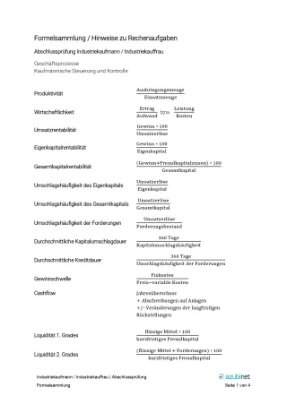 Unterrichtsbaustein: Industriekaufmann/ Industriekauffrau: Abschlussprüfung: Geschäftsprozesse (Formelsammlung)