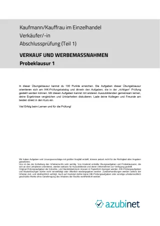 Test: Kaufmann/ Kauffrau im Einzelhandel | Verkäufer/-in: Abschlussprüfung: Verkauf und Werbemaßnahmen (Probeklausur)