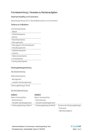 Unterrichtsbaustein: Kaufmann/ Kauffrau im E-Commerce: Abschlussprüfung: Geschäftsprozesse im E-Commerce (Formelsammlung)