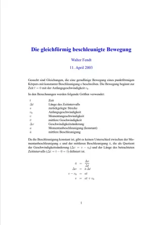 Text: Bewegung mit konstanter Beschleunigung (Text mit Formeln)