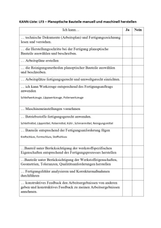 Lernkontrolle: Feinoptiker/in Lernfeld 3 Kann-Liste