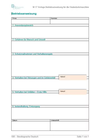 Arbeitsblatt: Vorlage Betriebsanweisung für die Säulenbohrmaschine