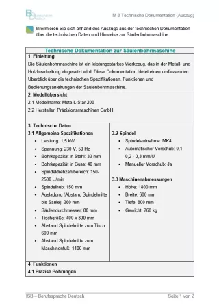 Arbeitsblatt: Technische Dokumentation zur Säulenbohrmaschine (Infotext)