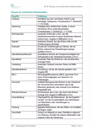 Arbeitsblatt: Technische Dokumentation zur Säulenbohrmaschine (Glossar)