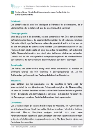 Arbeitsblatt: Bestandteile der Säulenbohrmaschine (Infotext)