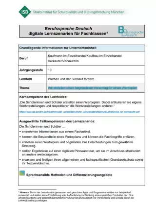 Unterrichtsplanung: Wir erstellen einen begründeten Vorschlag für einen Werbeplan (PDF)